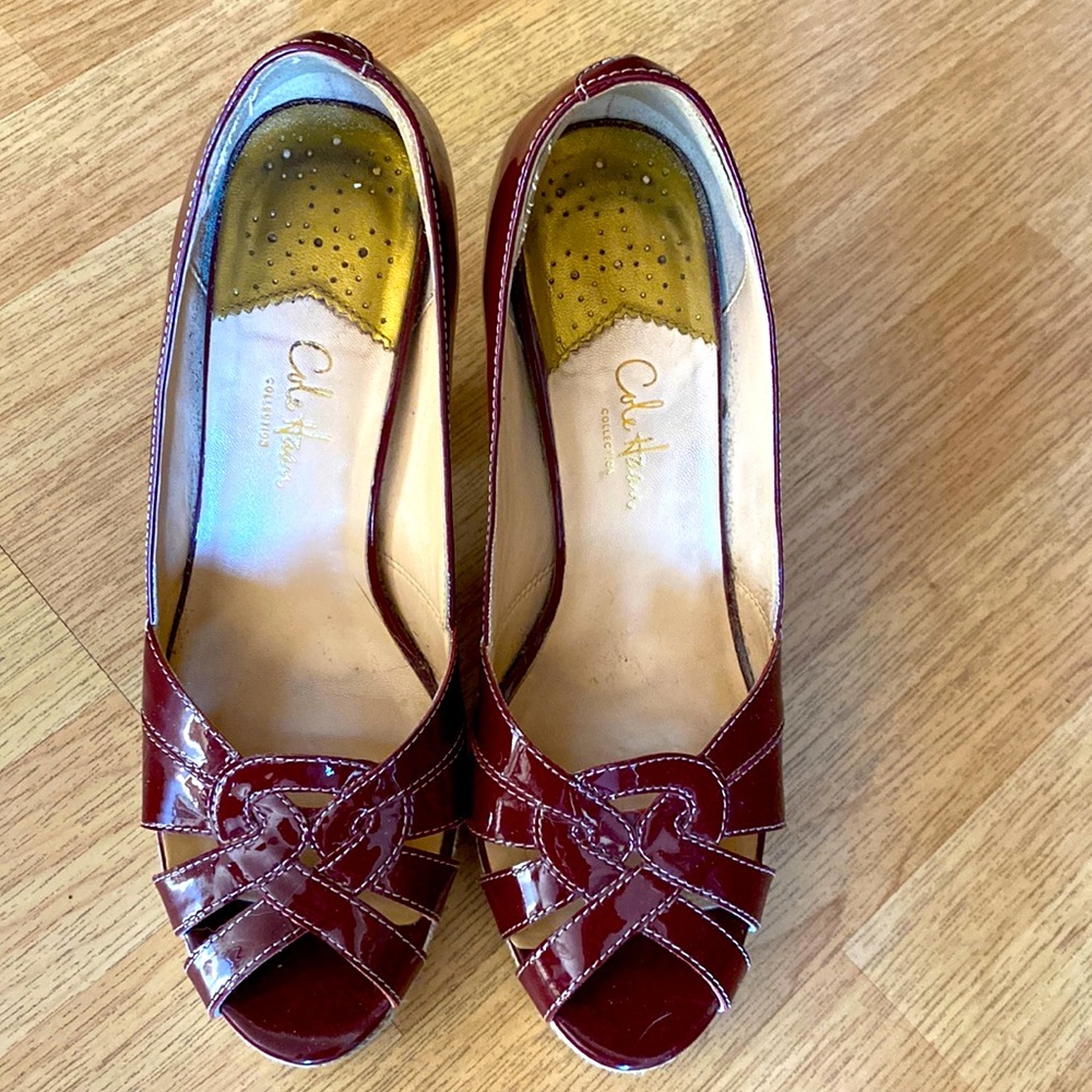 Women’s Wine Red Patent Cole Haan Peep Toe Pumps Size 8